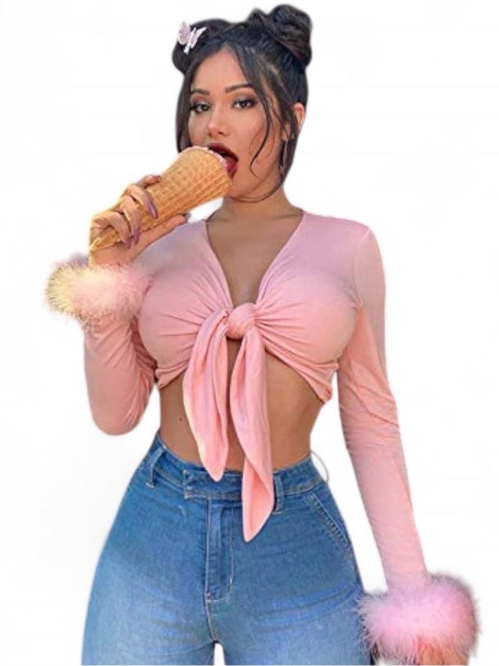 Pink Long Sleeve Tie Front Crop Top With White Fur On Sleeve